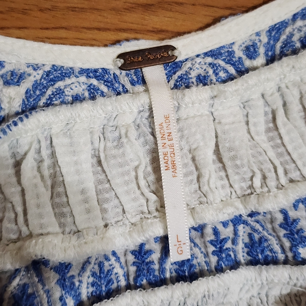 Free People Erin Embroidered Smocked Mini Dress Size Large White and Blue - Picture 8 of 16